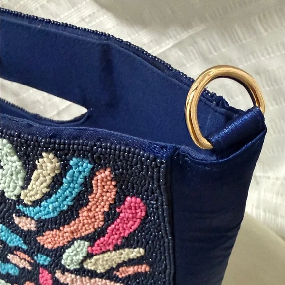 Beaded Navy Multi-Color Cutout Handle Shoulder Bag - Picture 3 of 6